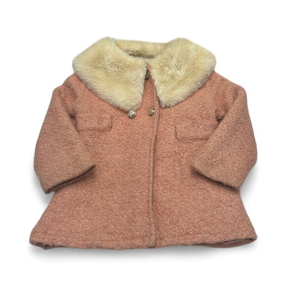 Vtg Girls Pink Wool Blend Coat Faux Fur Collar Quilted Lining 70s 80s Retro - Picture 2 of 7